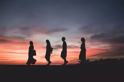 people walking in a line at sunset